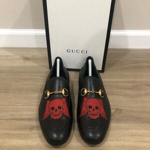 GUCCI Black Red Agnello Plonge Nero Skull Brixton Horsebit Loafers Size 8/8.5 US